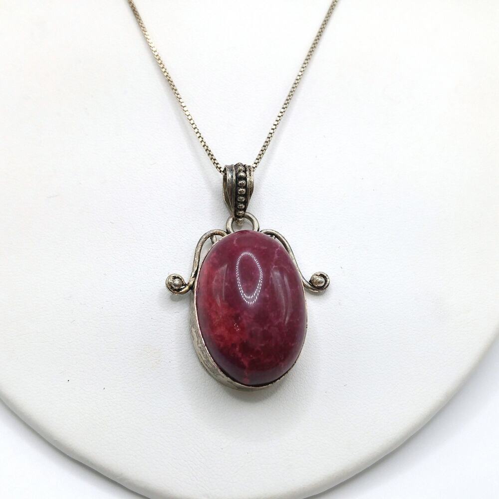 Vintage Red Spinel Gemstone Pendant 800 Silver on 925 Italy Chain
